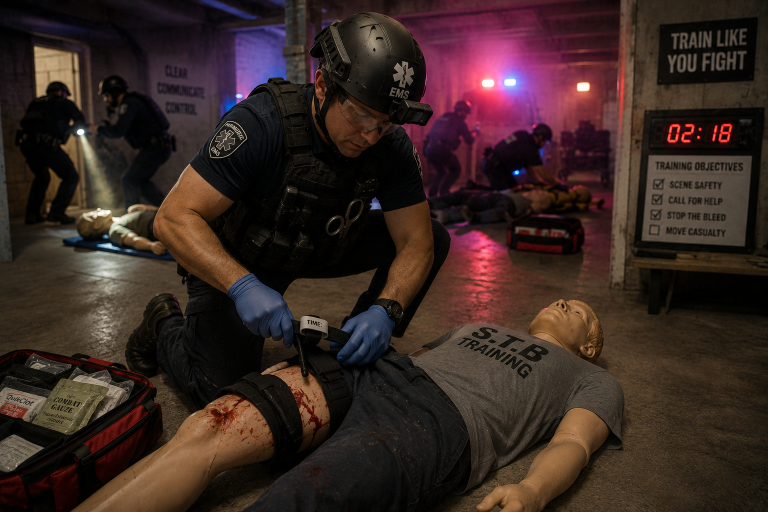 Responder practicing rapid hemorrhage control under realistic stress during emergency medical training Responder practicing rapid hemorrhage control under realistic stress during emergency medical training