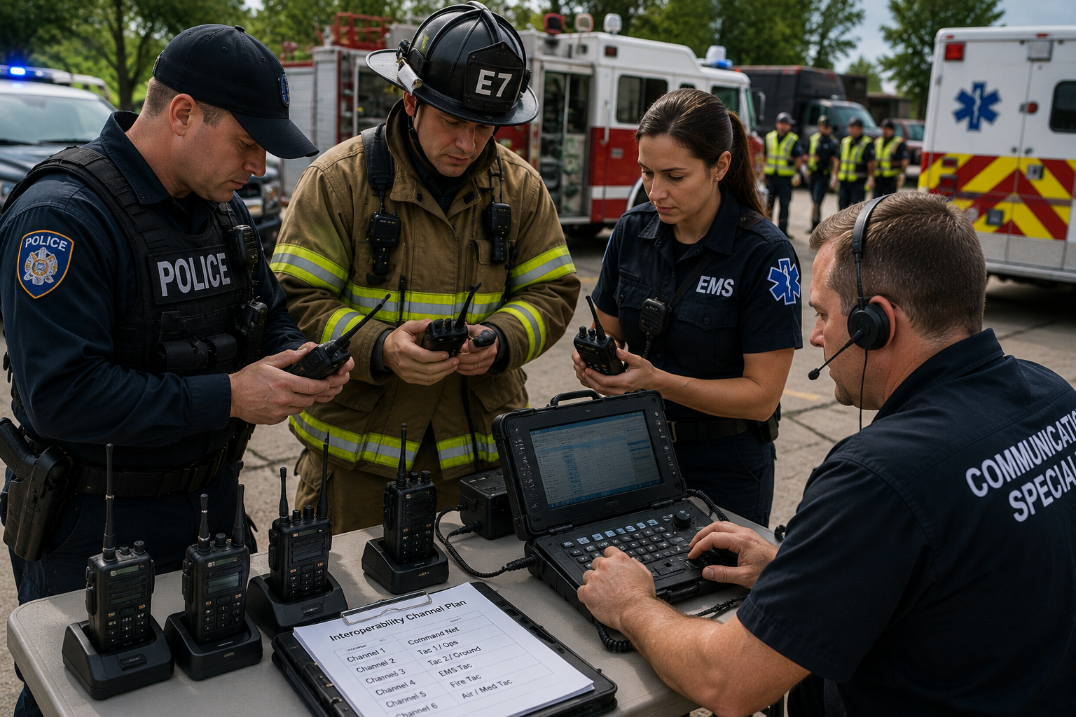 Police, fire, and EMS personnel checking shared radio channels for interagency communication