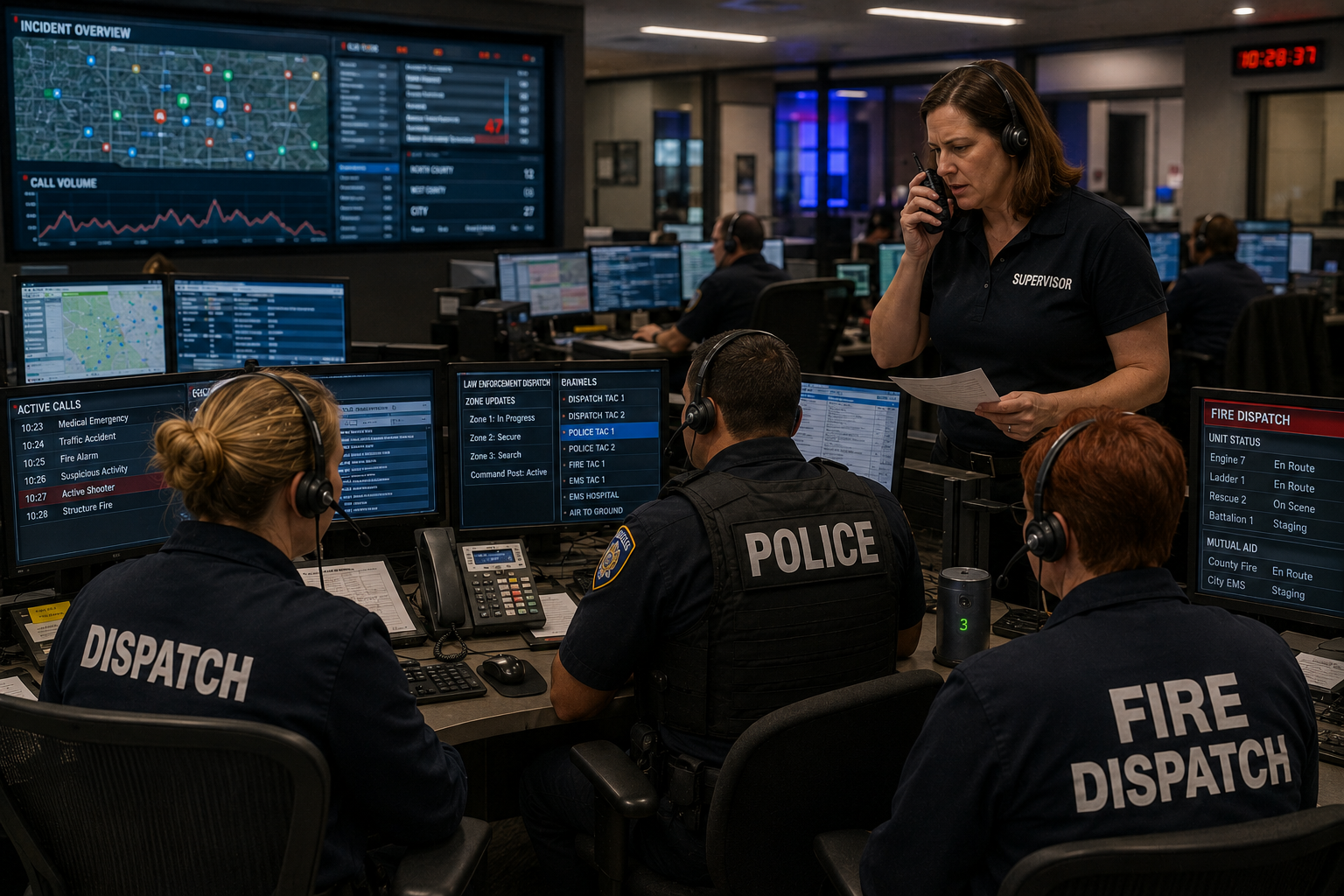 Emergency communications center personnel coordinating police, fire, and EMS information during a major incident