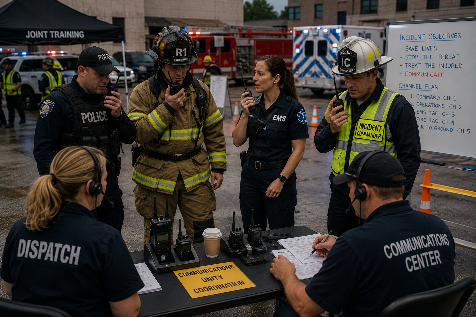 Police, fire, EMS, and dispatch personnel practicing interoperable radio communication during joint training