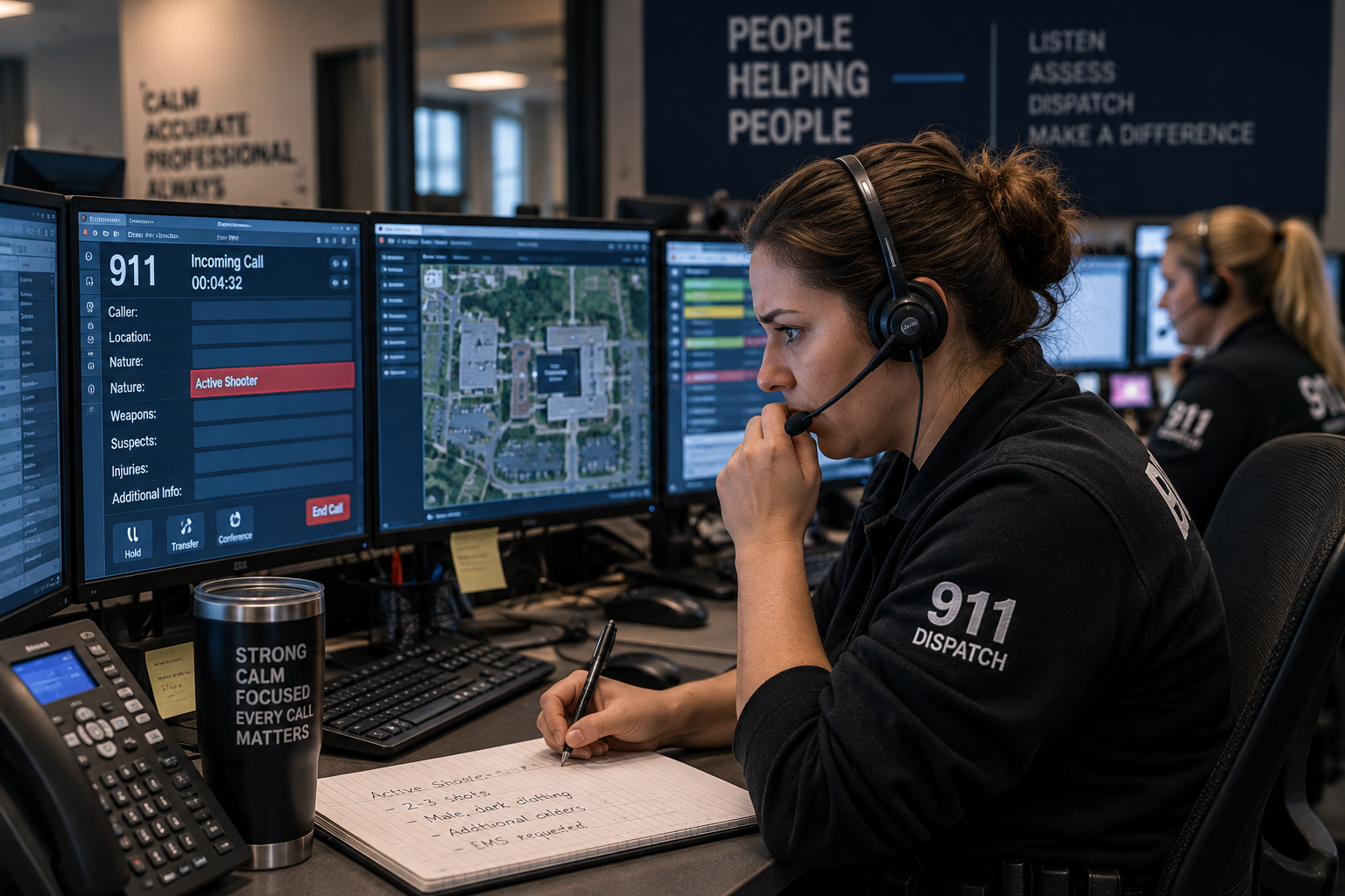911 dispatcher gathering critical incident details from an emergency caller during a high-threat event 911 dispatcher gathering critical incident details from an emergency caller during a high-threat event