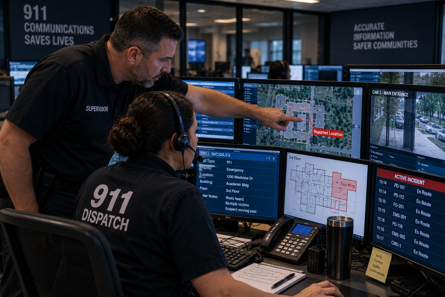 Emergency communications personnel verifying caller reports and building information to develop an incident picture Emergency communications personnel verifying caller reports and building information to develop an incident picture