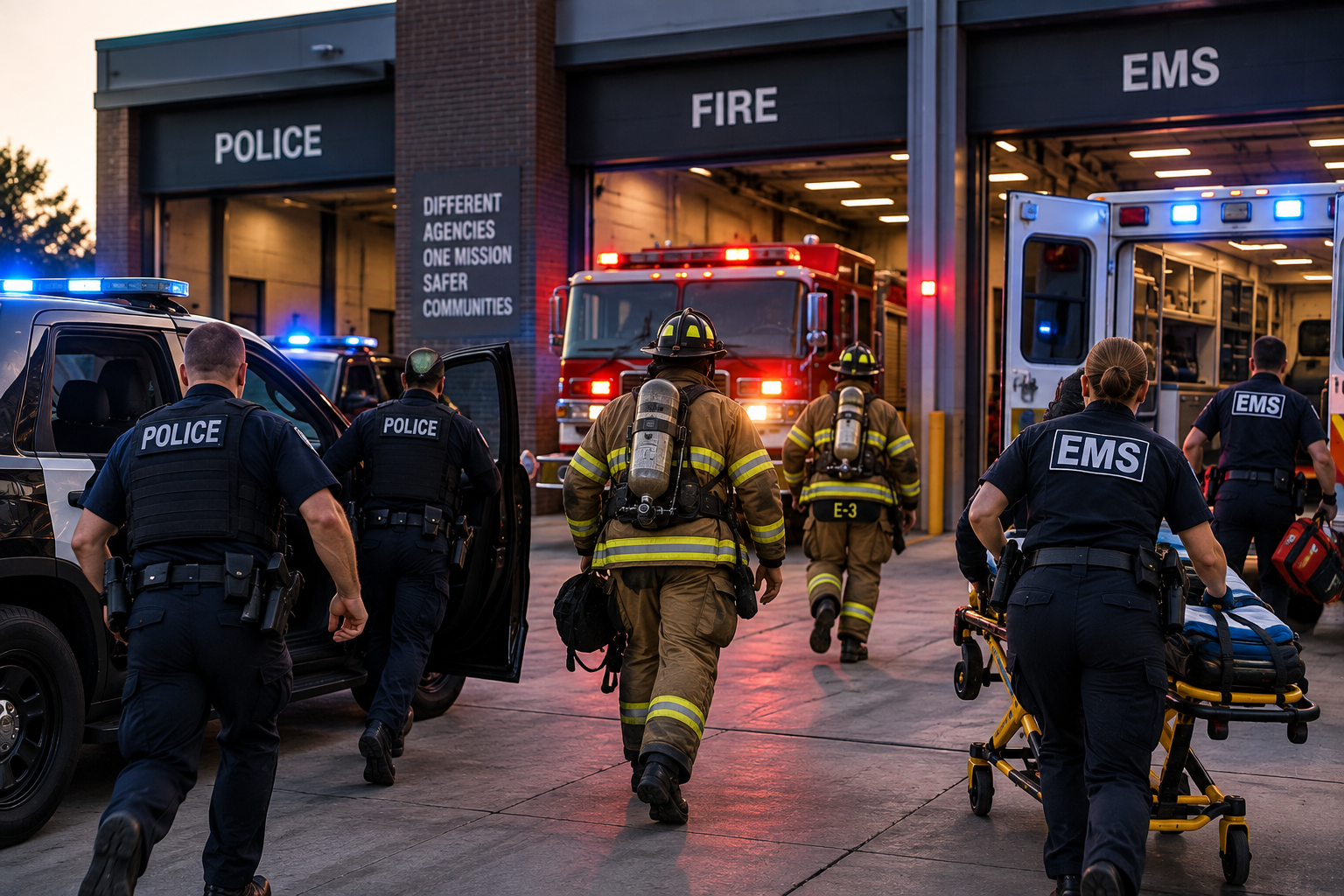 Police, fire, and EMS crews mobilizing after receiving an early high-threat notification from the ECC Police, fire, and EMS crews mobilizing after receiving an early high-threat notification from the ECC