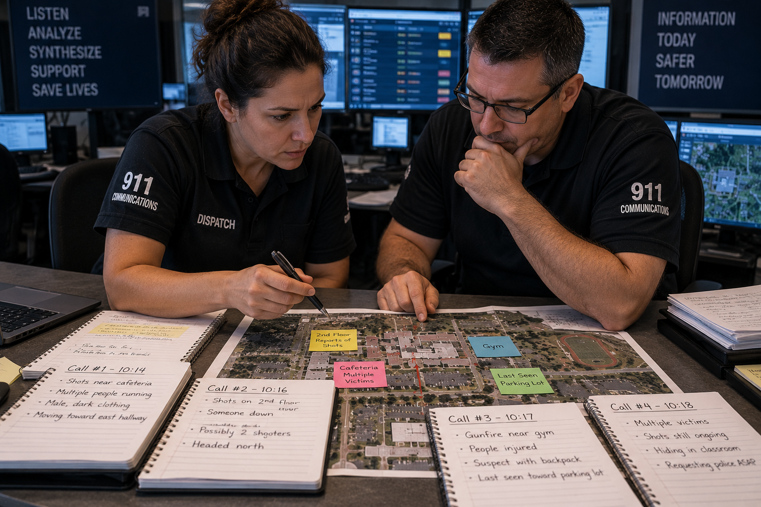 Emergency communications personnel comparing multiple 911 caller reports to identify incident patterns Emergency communications personnel comparing multiple 911 caller reports to identify incident patterns