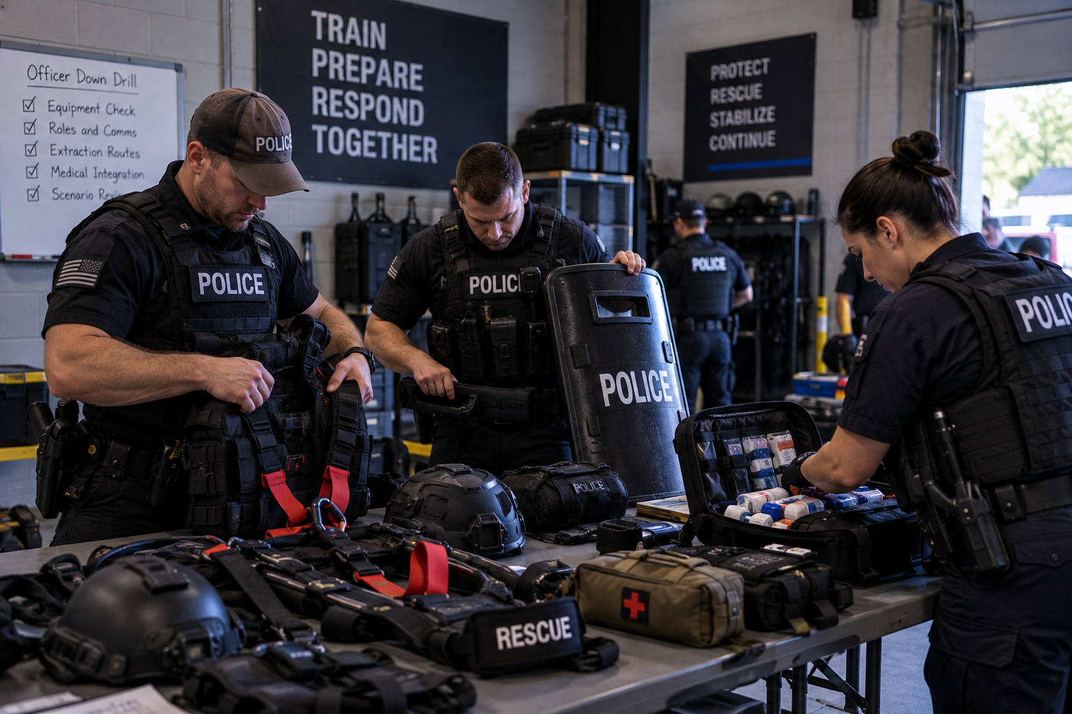 Police officers preparing shields, rescue straps, and medical equipment for an officer-down extraction
