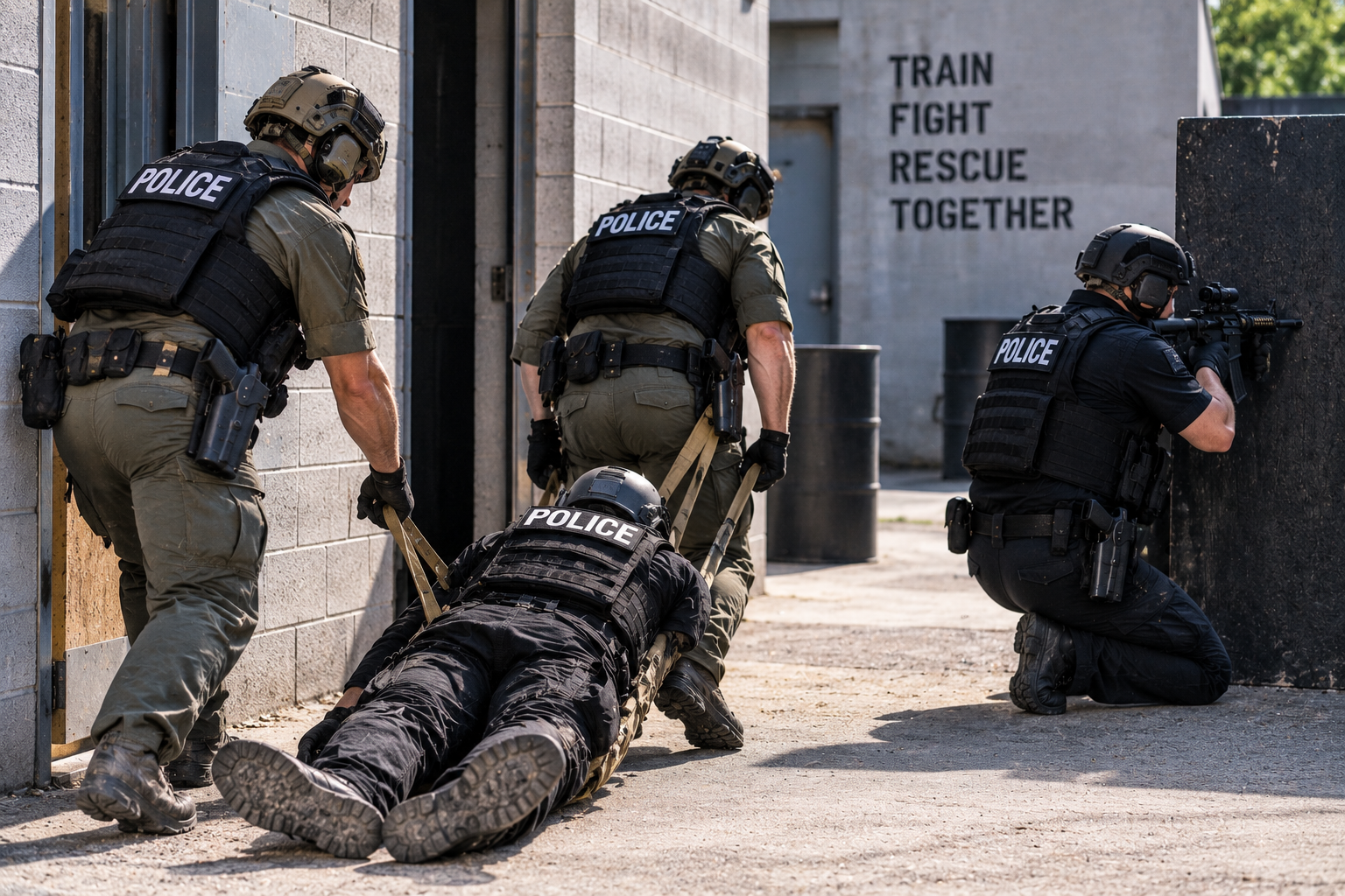 Officers practicing a protected casualty drag during an officer-down rescue training exercise