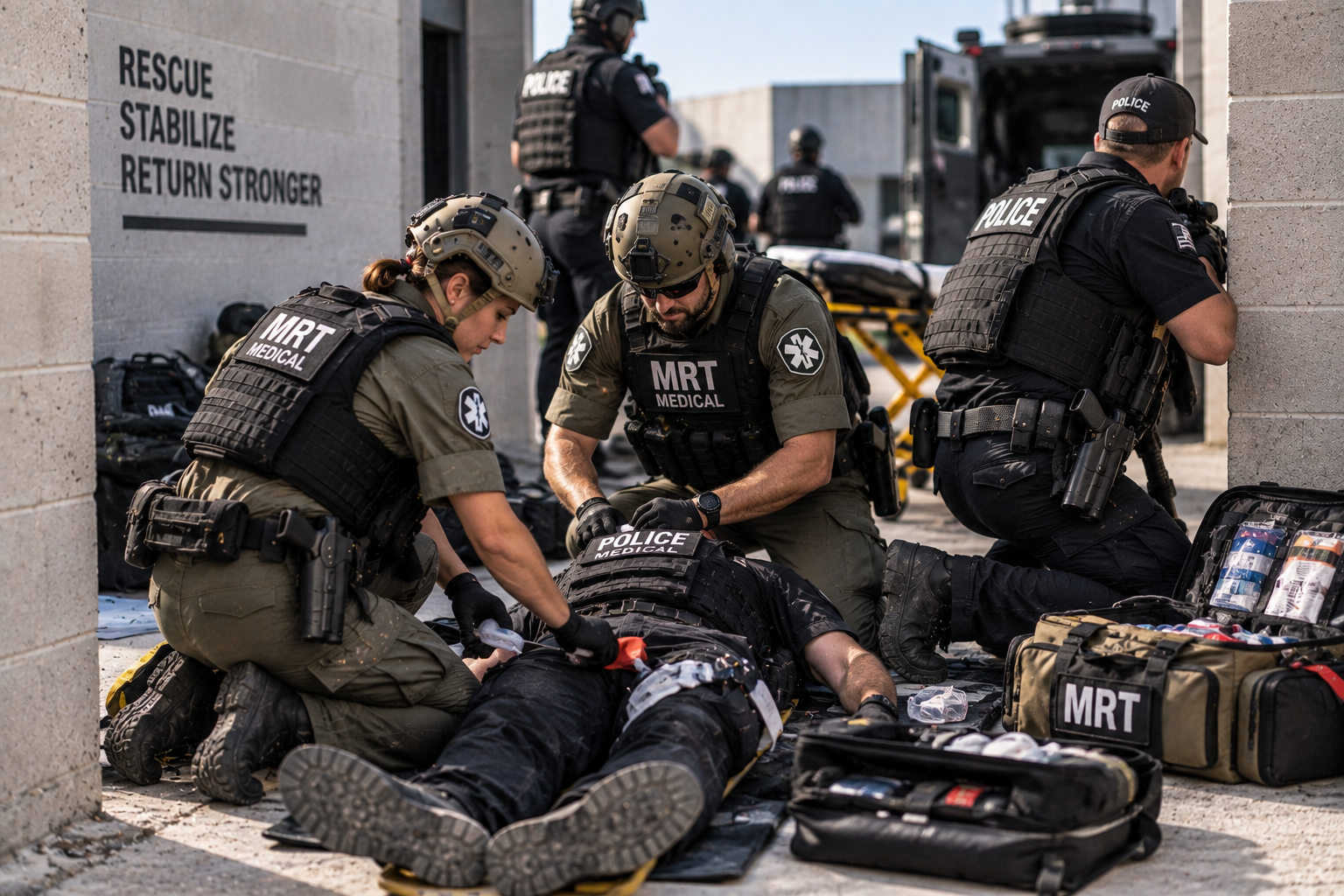 RTF and MRT medical personnel providing rapid stabilization after a protected officer extraction