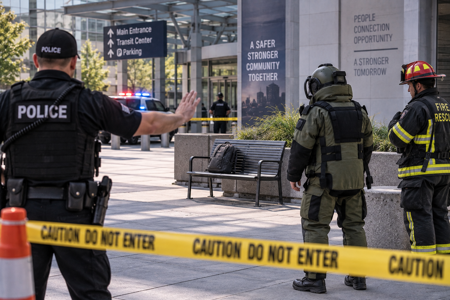 Public safety responders establishing a safety perimeter after identifying a suspicious object during a high-threat incident