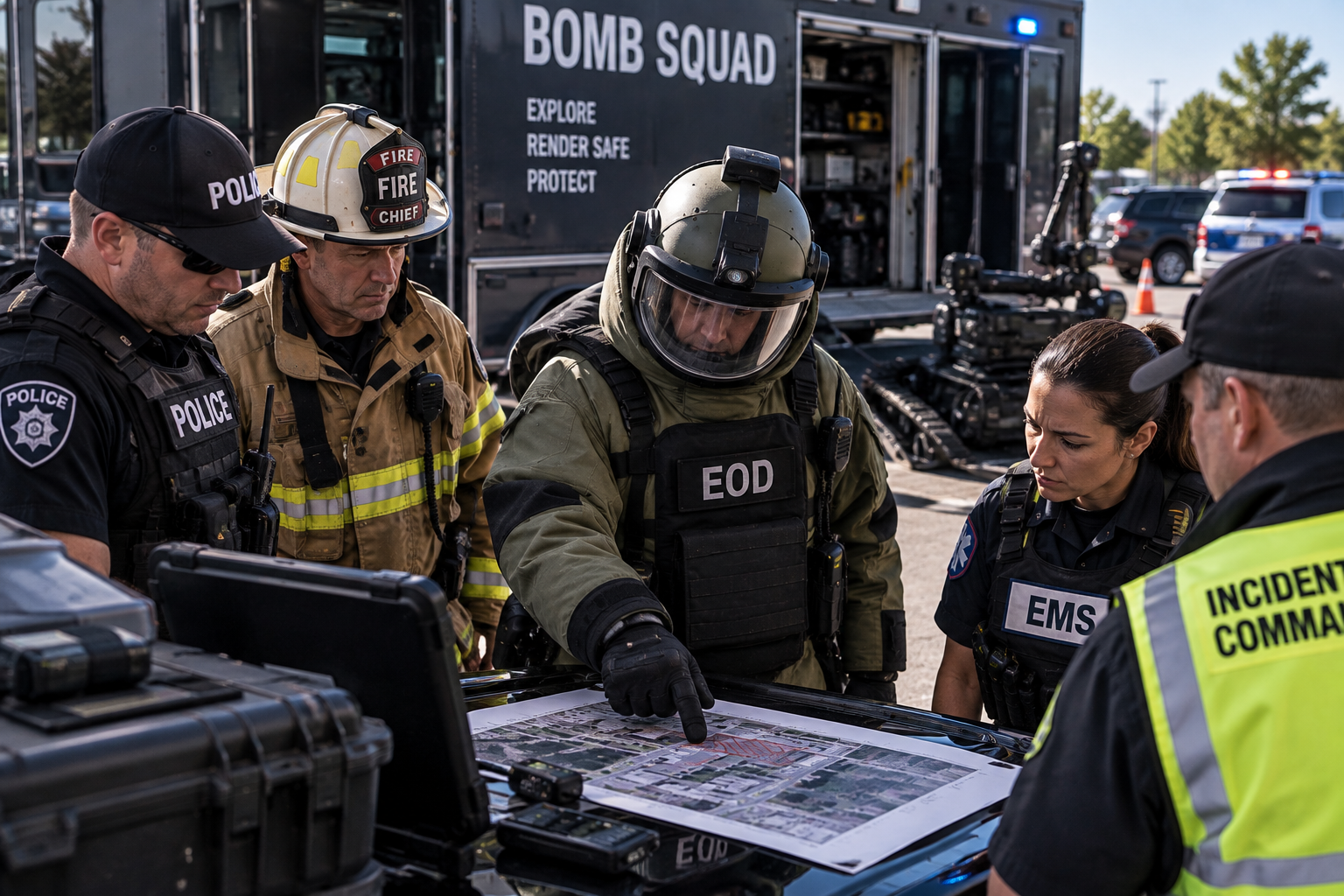 Bomb technician briefing police, fire, and EMS leaders about explosive hazards during a coordinated response