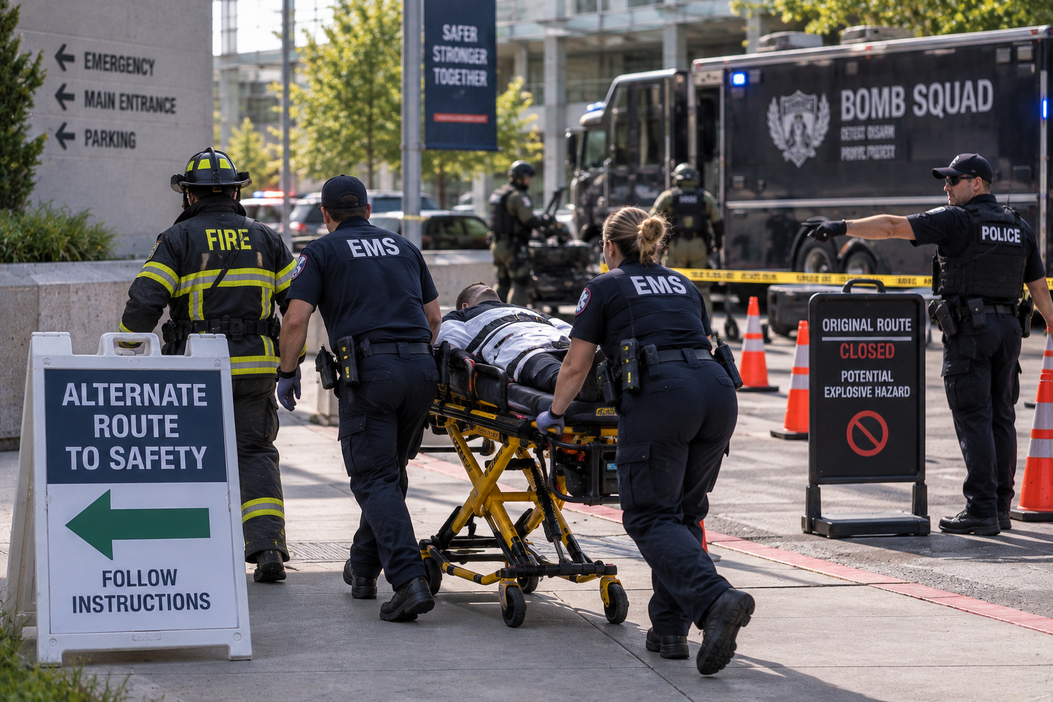 EMS and fire responders using an alternate casualty extraction route because of a suspected explosive hazard