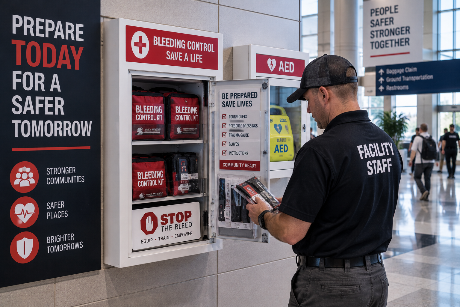 Publicly accessible bleeding-control and emergency medical equipment installed in a busy community building