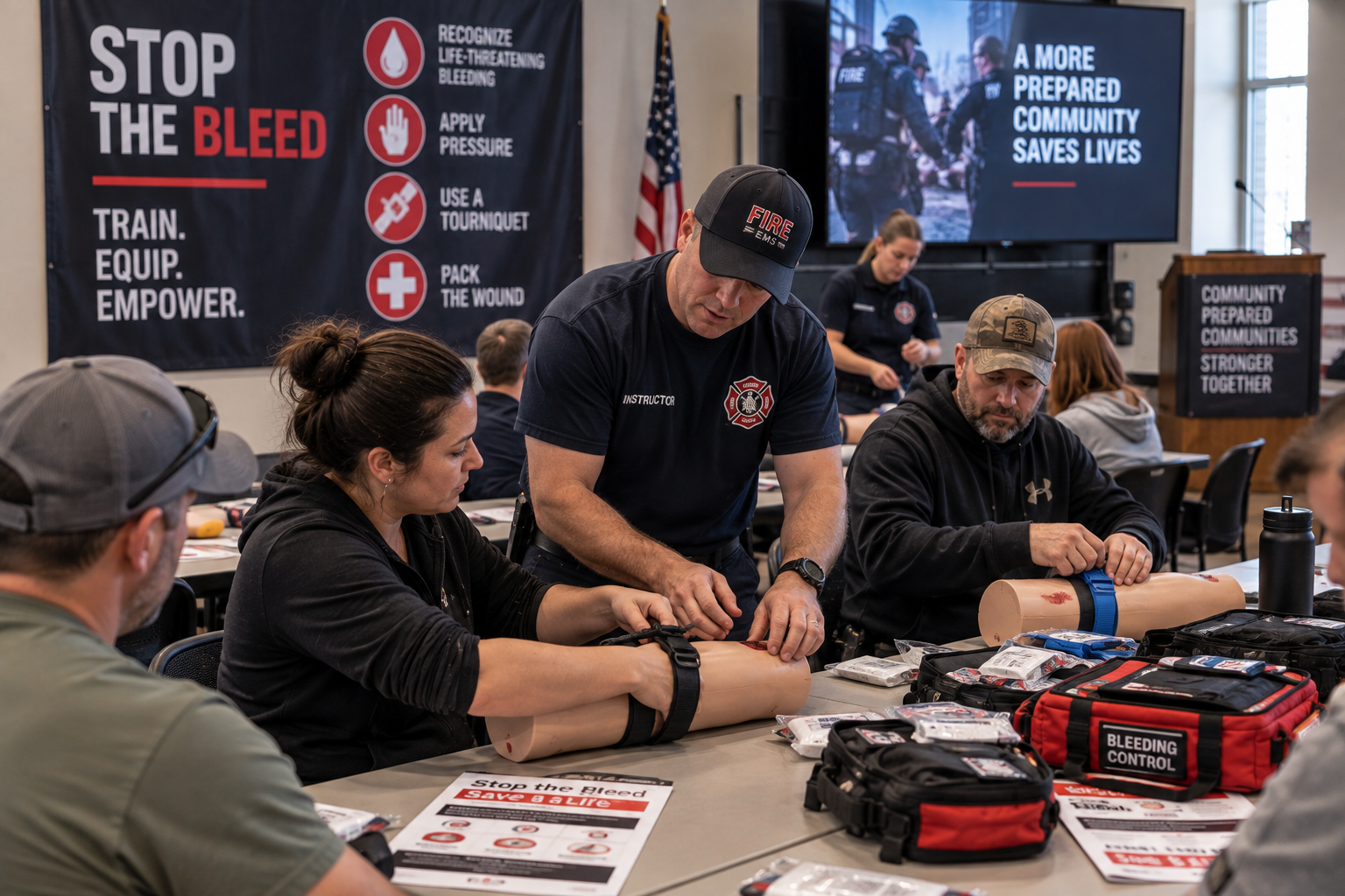 Community members practicing bleeding-control skills with emergency medical instructors during a preparedness class