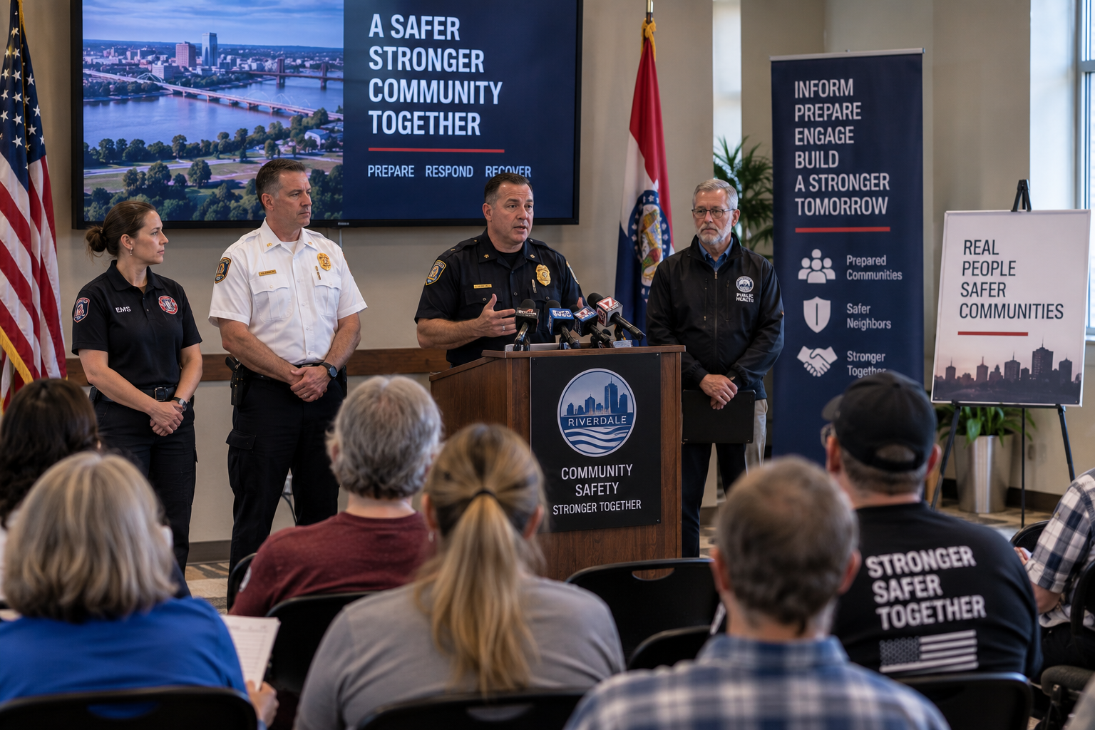 Police, fire, EMS, and public health leaders discussing emergency response and preparedness with community members