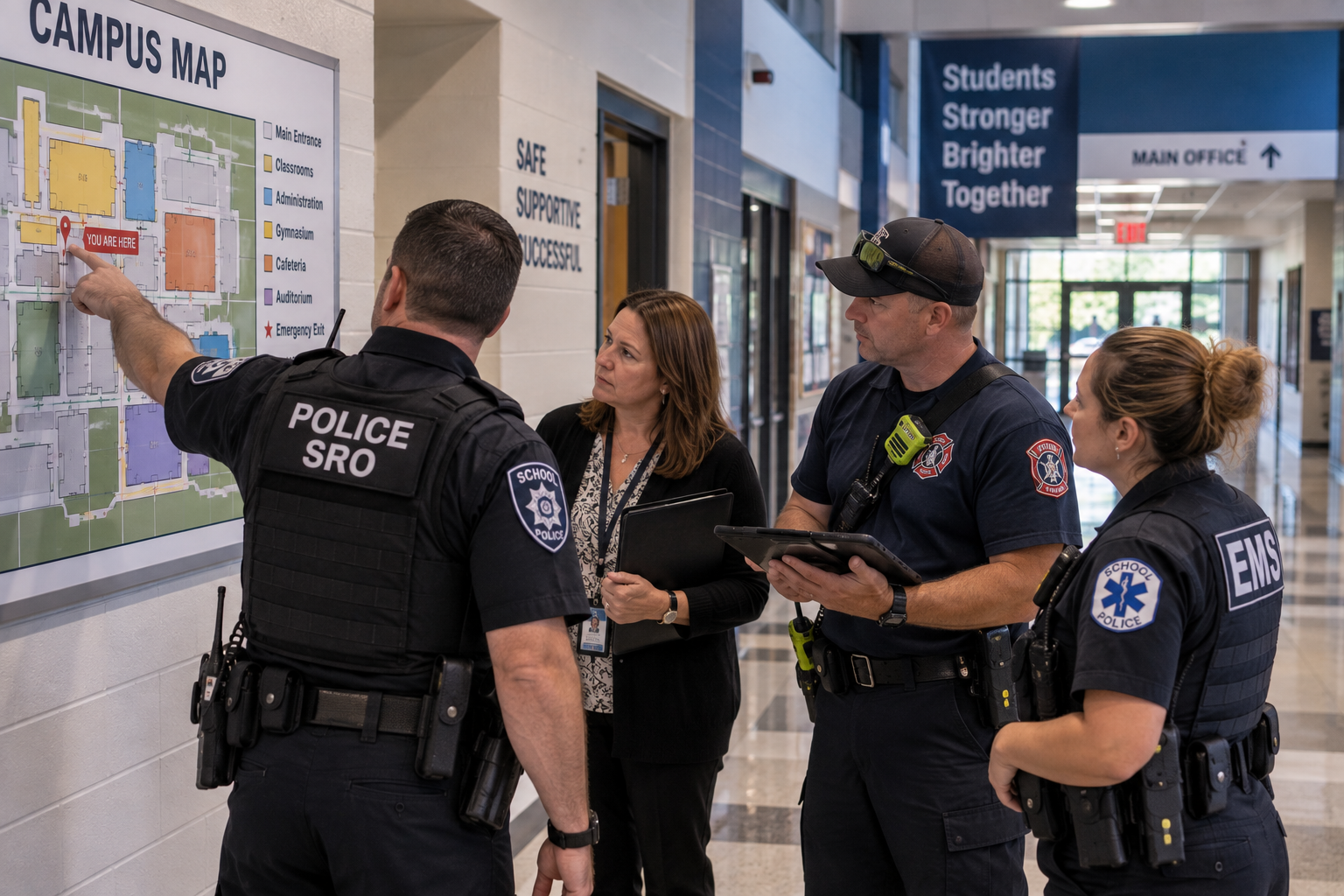 School administrators, SROs, fire, and EMS personnel conducting a campus emergency planning walkthrough