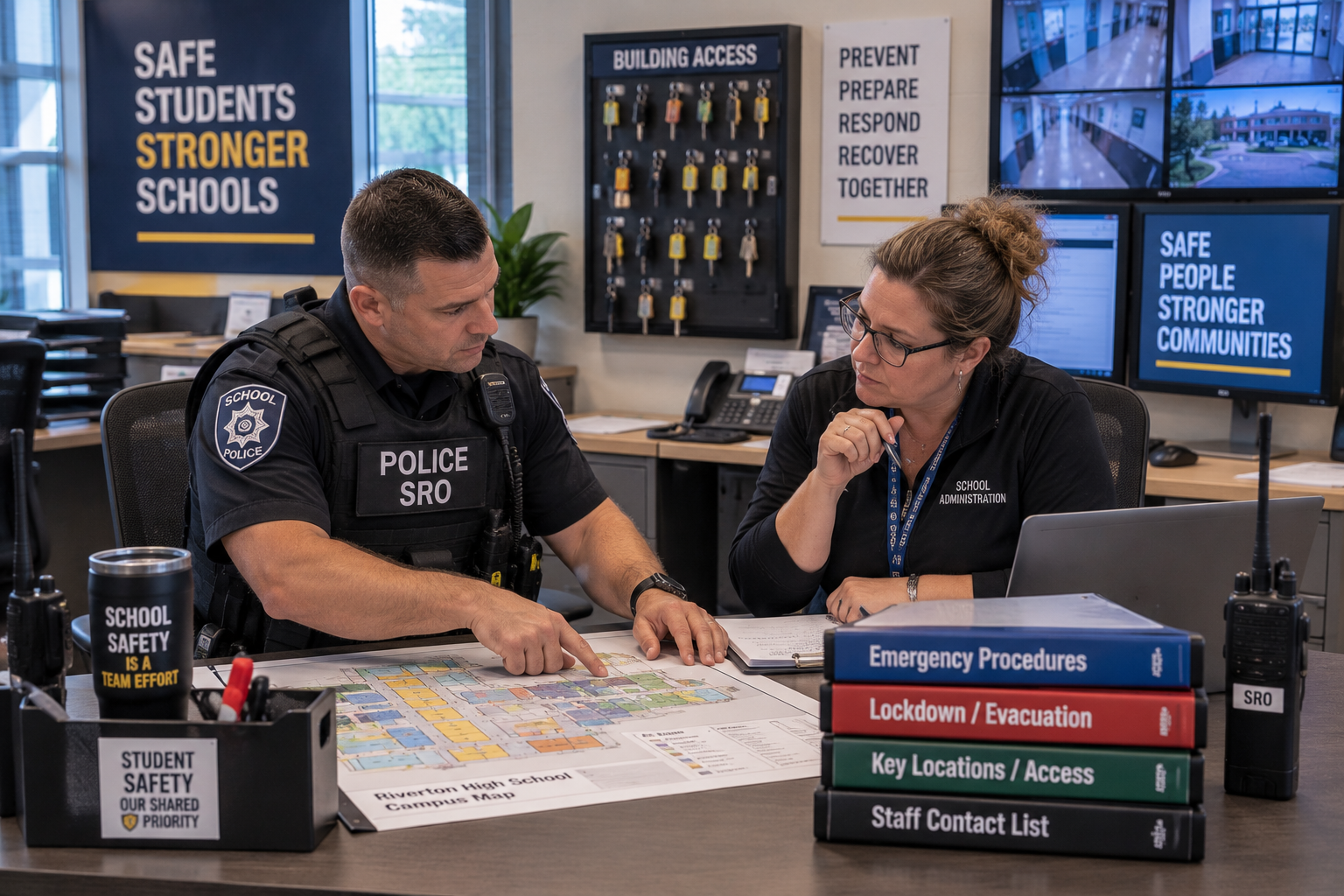 School resource officer and campus staff coordinating building access and emergency information