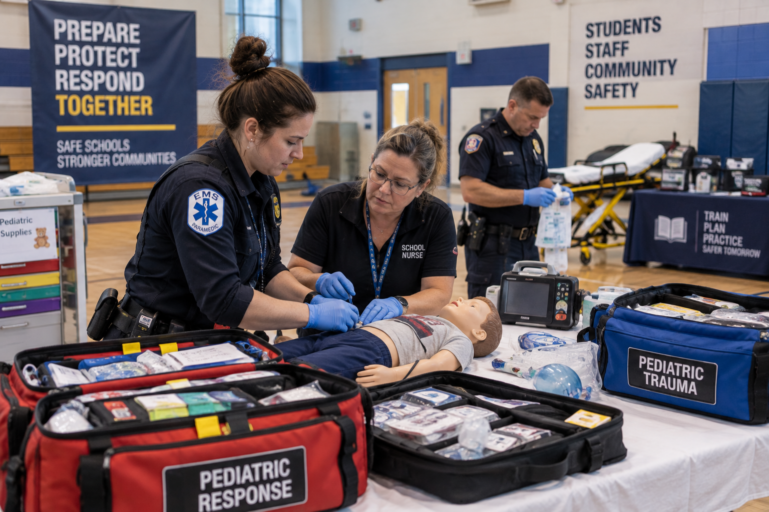 EMS personnel and school nurses practicing pediatric emergency care during a campus preparedness exercise
