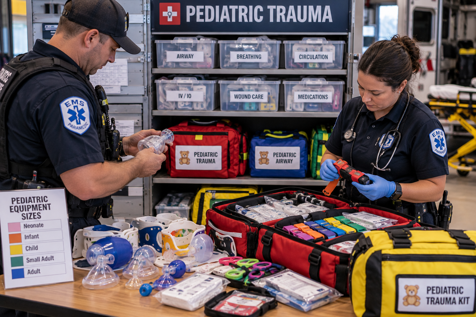Paramedics checking pediatric trauma equipment and child-sized medical supplies for emergency readiness Paramedics checking pediatric trauma equipment and child-sized medical supplies for emergency readiness