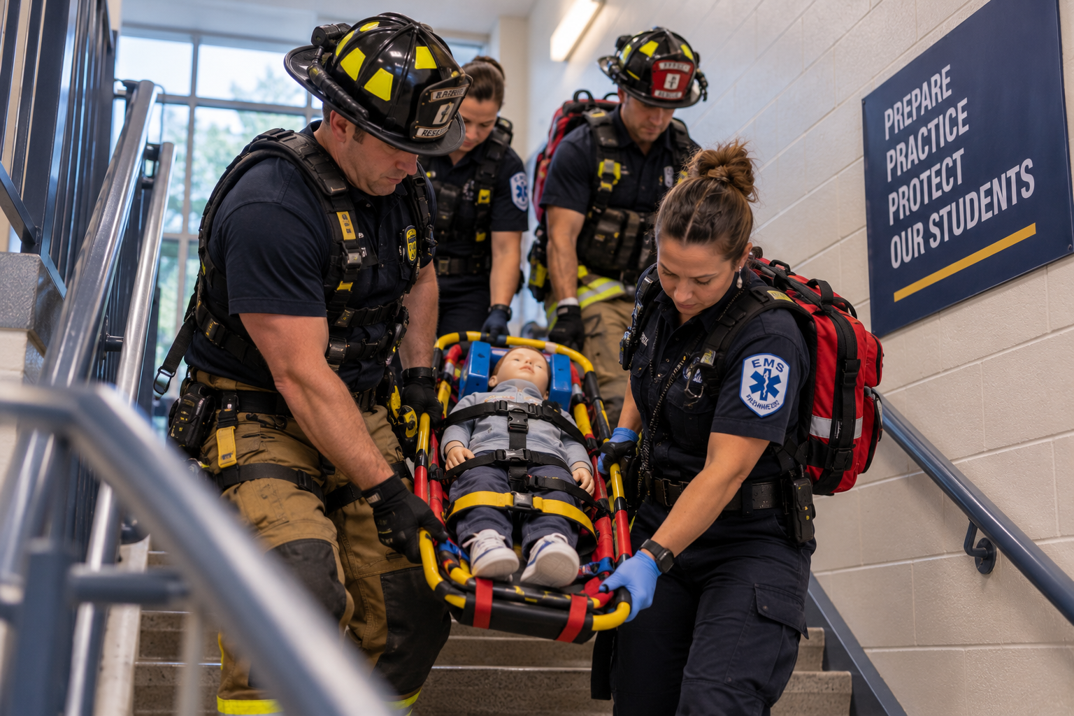 EMS and fire personnel practicing pediatric casualty extraction with a child-sized training mannequin EMS and fire personnel practicing pediatric casualty extraction with a child-sized training mannequin