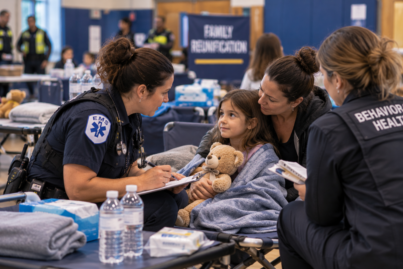 Emergency and behavioral-health personnel supporting a child and caregiver during post-incident reunification Emergency and behavioral-health personnel supporting a child and caregiver during post-incident reunification