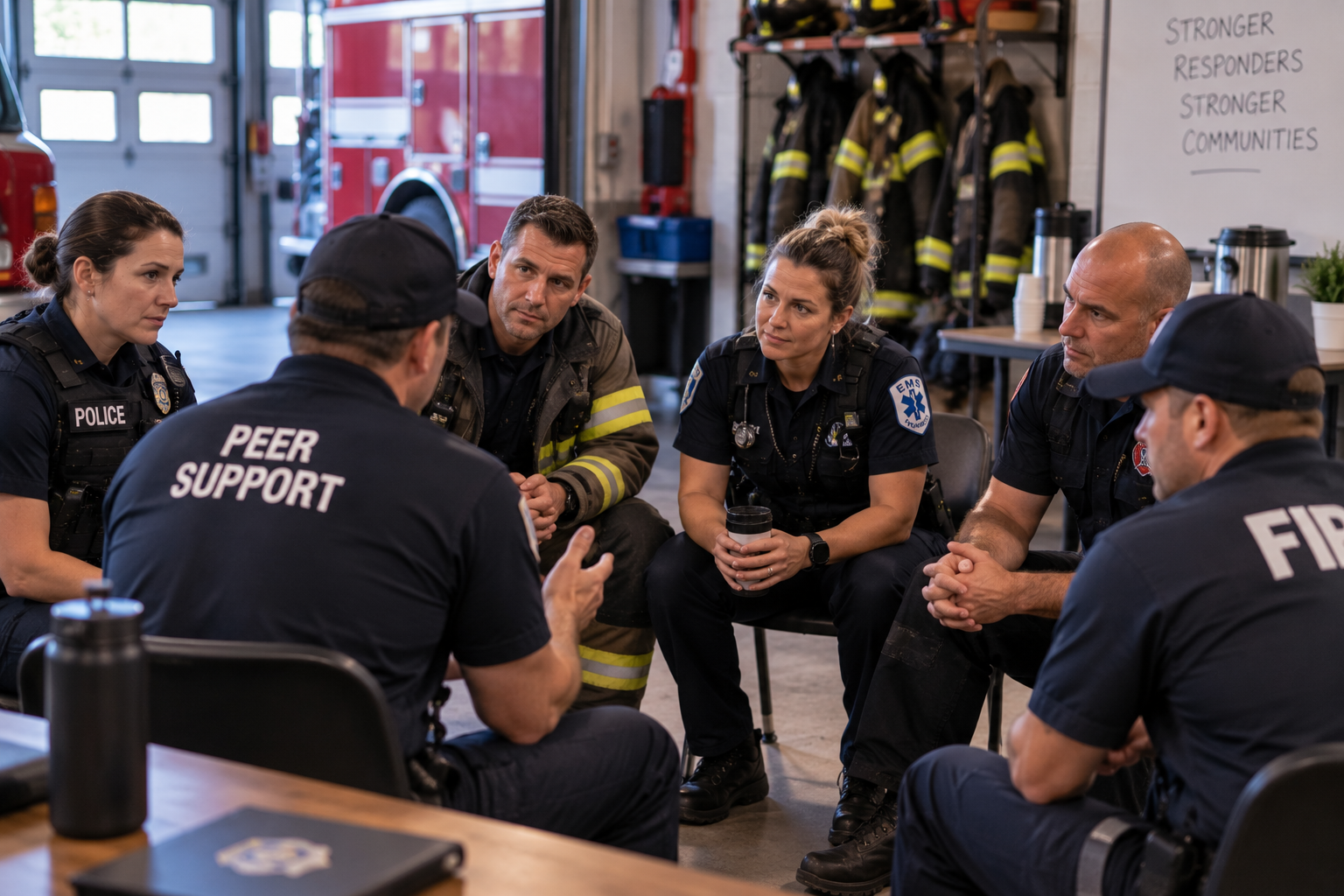 Police, fire, EMS, and dispatch personnel participating in a structured peer-support session after a stressful incident