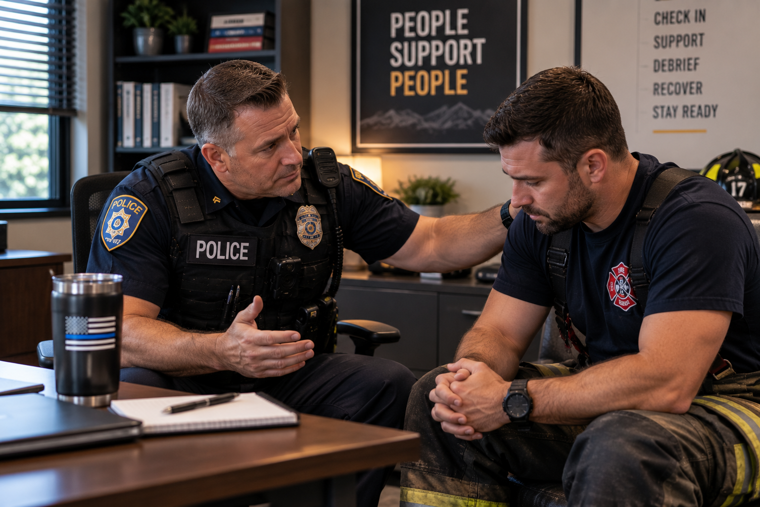 Public safety supervisor conducting a supportive mental health check-in with a responder after a stressful event