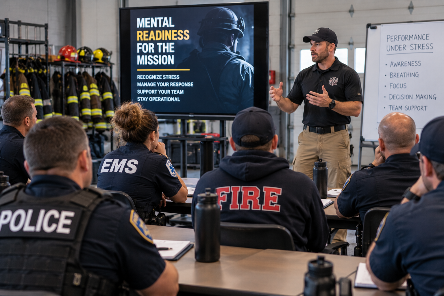 Police, fire, and EMS responders participating in psychological readiness training for high-stress operations