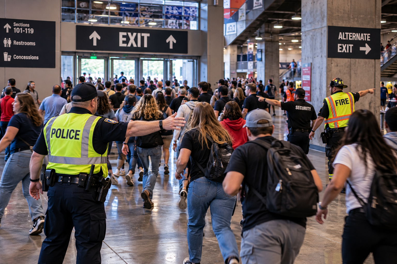 Emergency personnel directing civilians away from a congested exit during a large-scale evacuation exercise