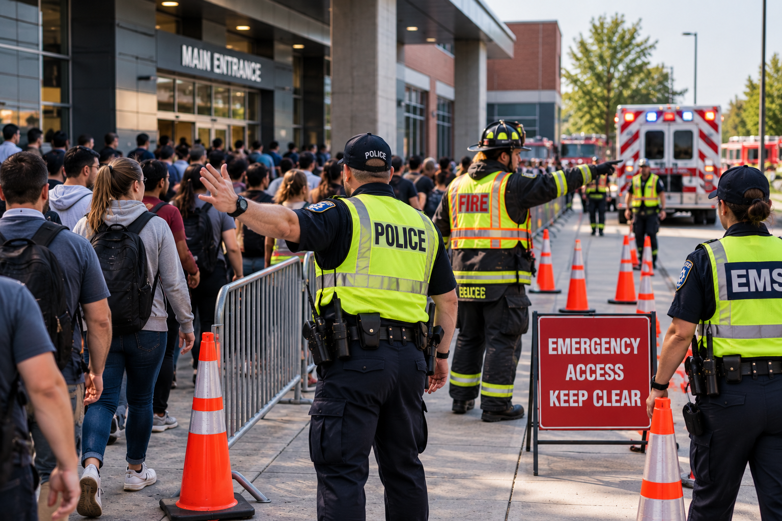 Police, fire, and safety personnel redirecting civilian movement to keep an emergency access corridor clear