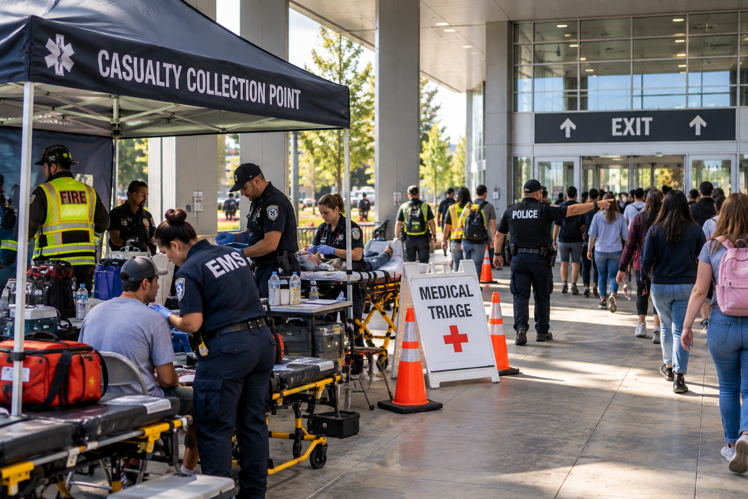 EMS personnel operating a casualty collection point positioned beside a natural evacuation route