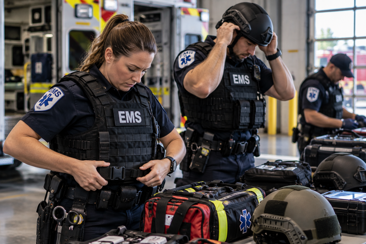 EMS personnel checking ballistic vests, helmets, and medical equipment before high-threat operations EMS personnel checking ballistic vests, helmets, and medical equipment before high-threat operations