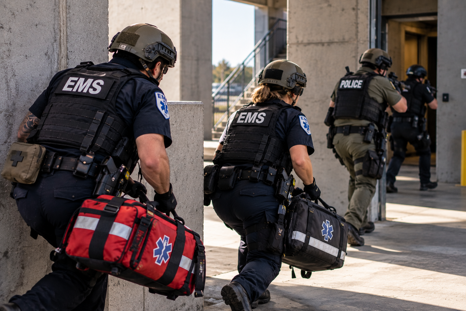 EMS responders practicing protected movement between cover during high-threat medical training EMS responders practicing protected movement between cover during high-threat medical training