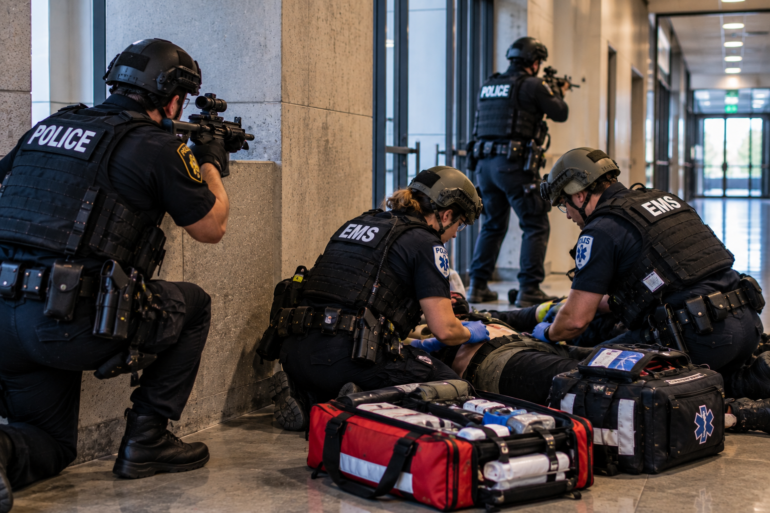 Law enforcement officers providing force protection while EMS personnel treat a simulated casualty Law enforcement officers providing force protection while EMS personnel treat a simulated casualty