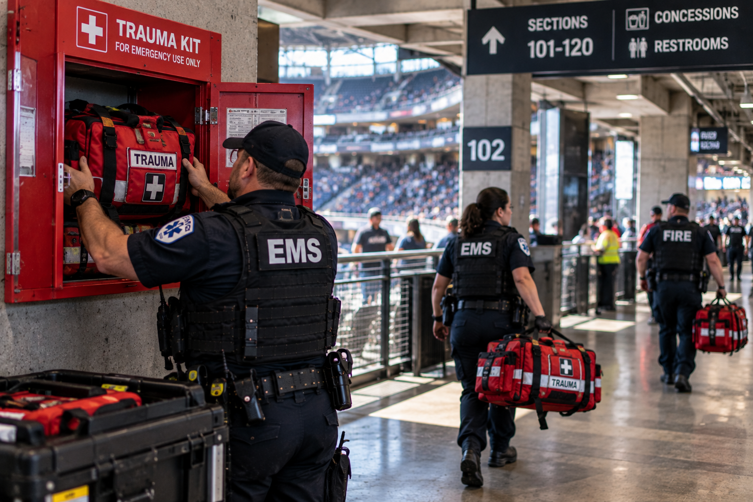 Emergency medical staff positioning trauma bags at strategic locations throughout a large public venue
