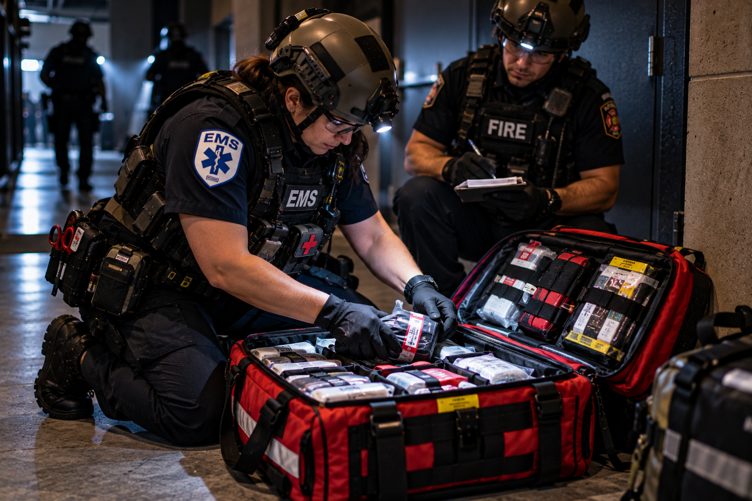 EMS responder practicing rapid trauma bag access during a low-light emergency training exercise