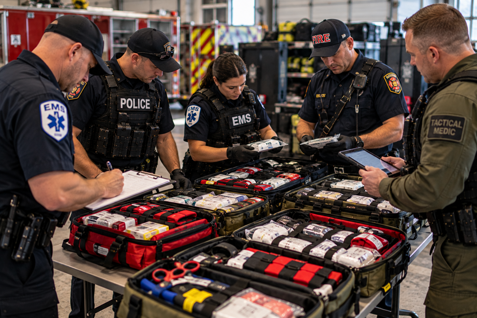 Fire, EMS, and tactical medical personnel inspecting standardized trauma bags during a joint equipment readiness check