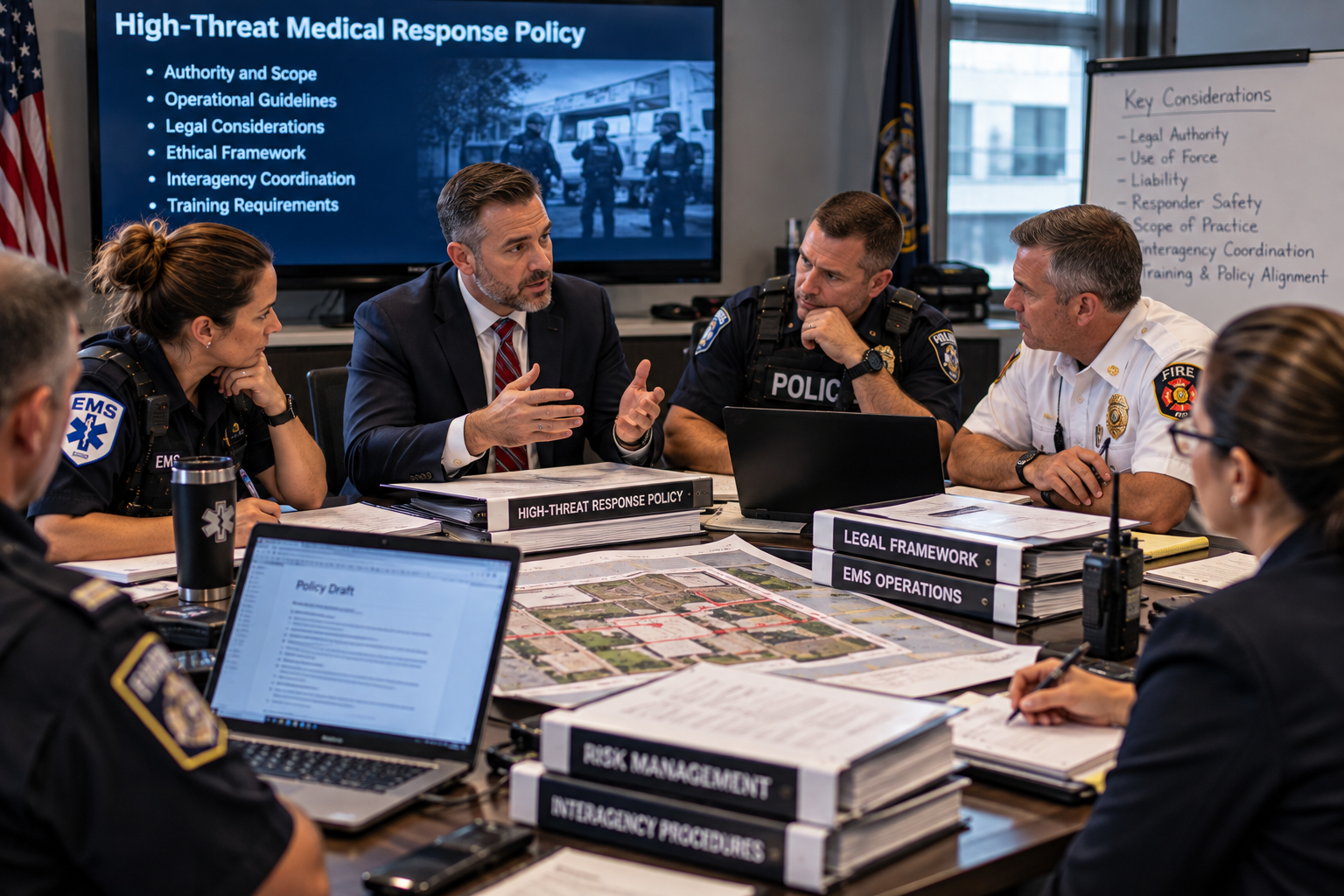 EMS, fire, law enforcement, and legal personnel reviewing high-threat medical response policy together