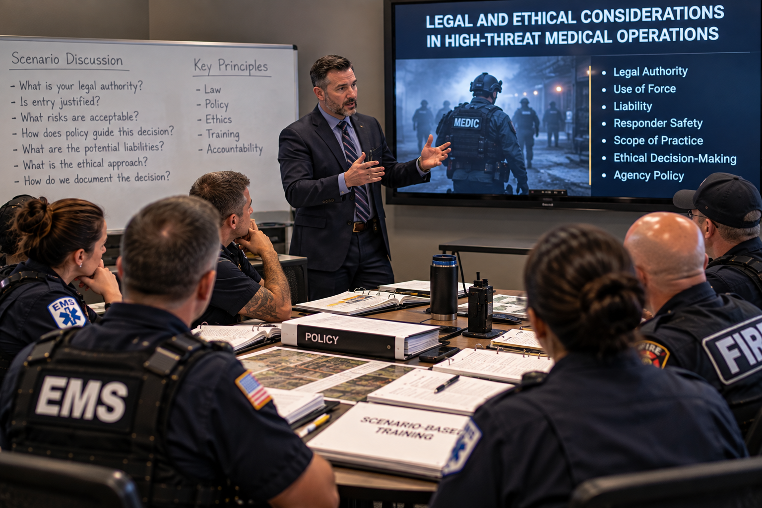 Public safety personnel discussing legal authority, responder risk, and ethical decision-making during a professional training session