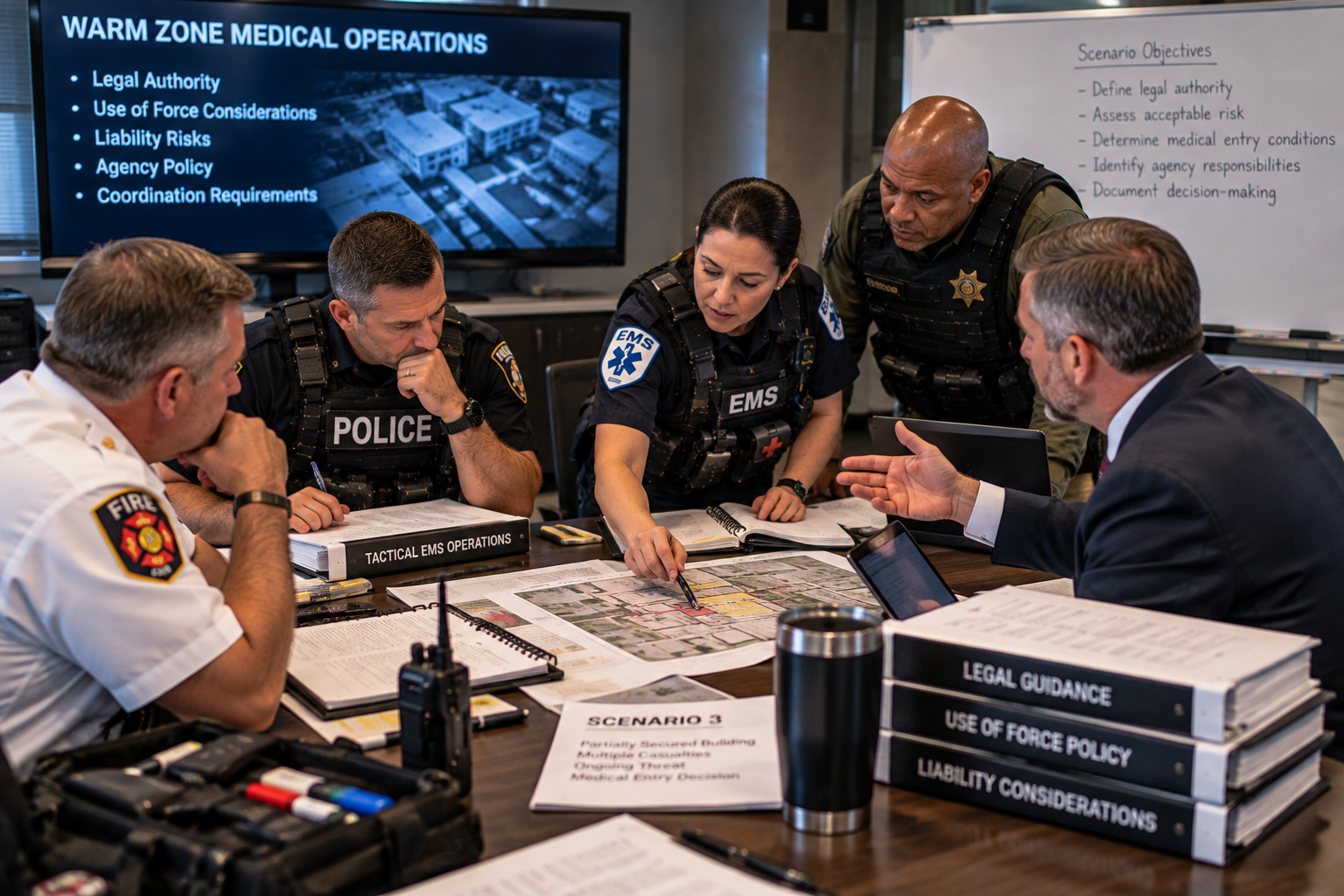 EMS, fire, law enforcement, and legal staff practicing high-threat medical policy decisions during a tabletop exercise