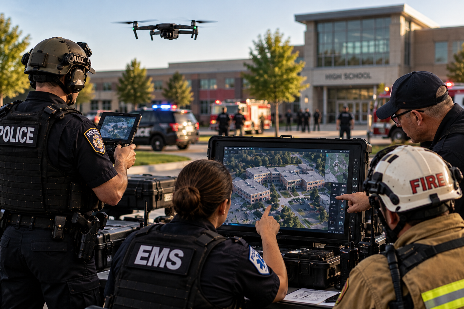 Public safety drone team providing live aerial overwatch to police, fire, and EMS command personnel