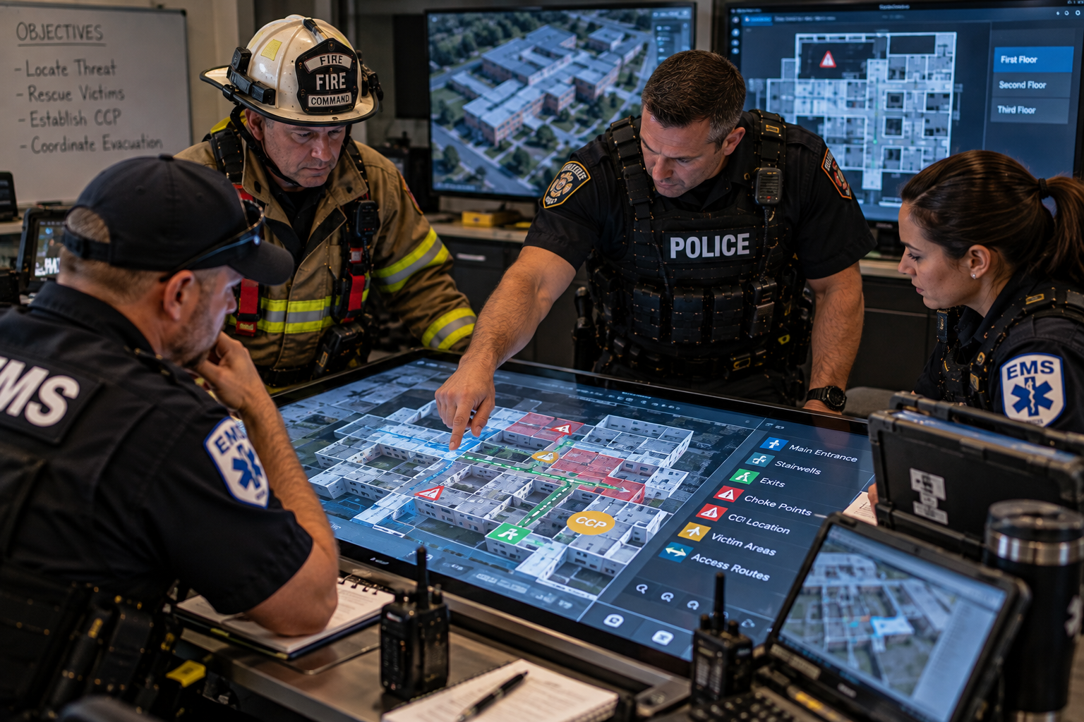 Police, fire, and EMS leaders reviewing digital building schematics to plan emergency access and casualty movement