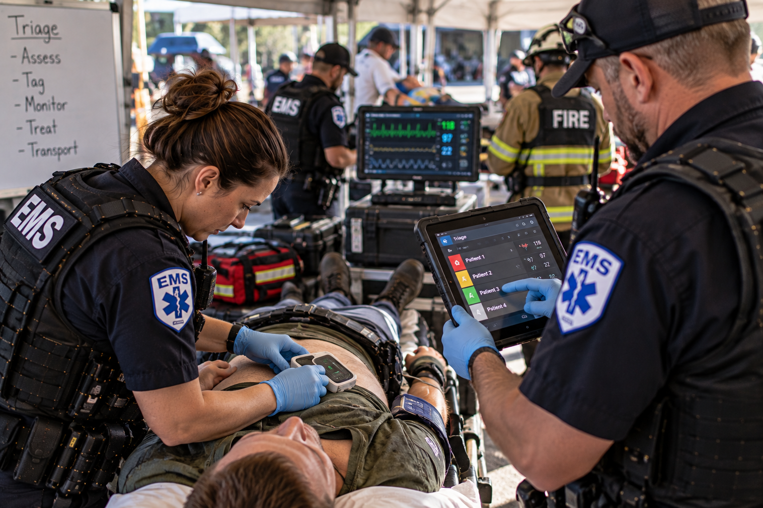 EMS personnel using digital triage and patient telemetry tools during a mass-casualty response exercise