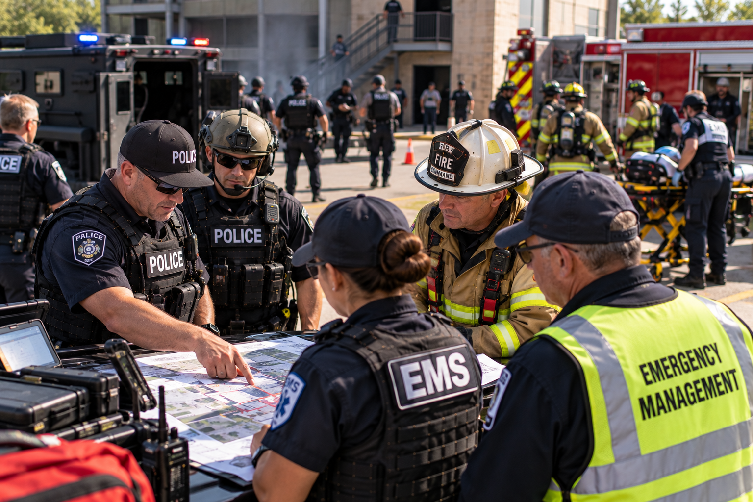 Police, fire, EMS, dispatch, and emergency management personnel conducting a joint high-threat response exercise