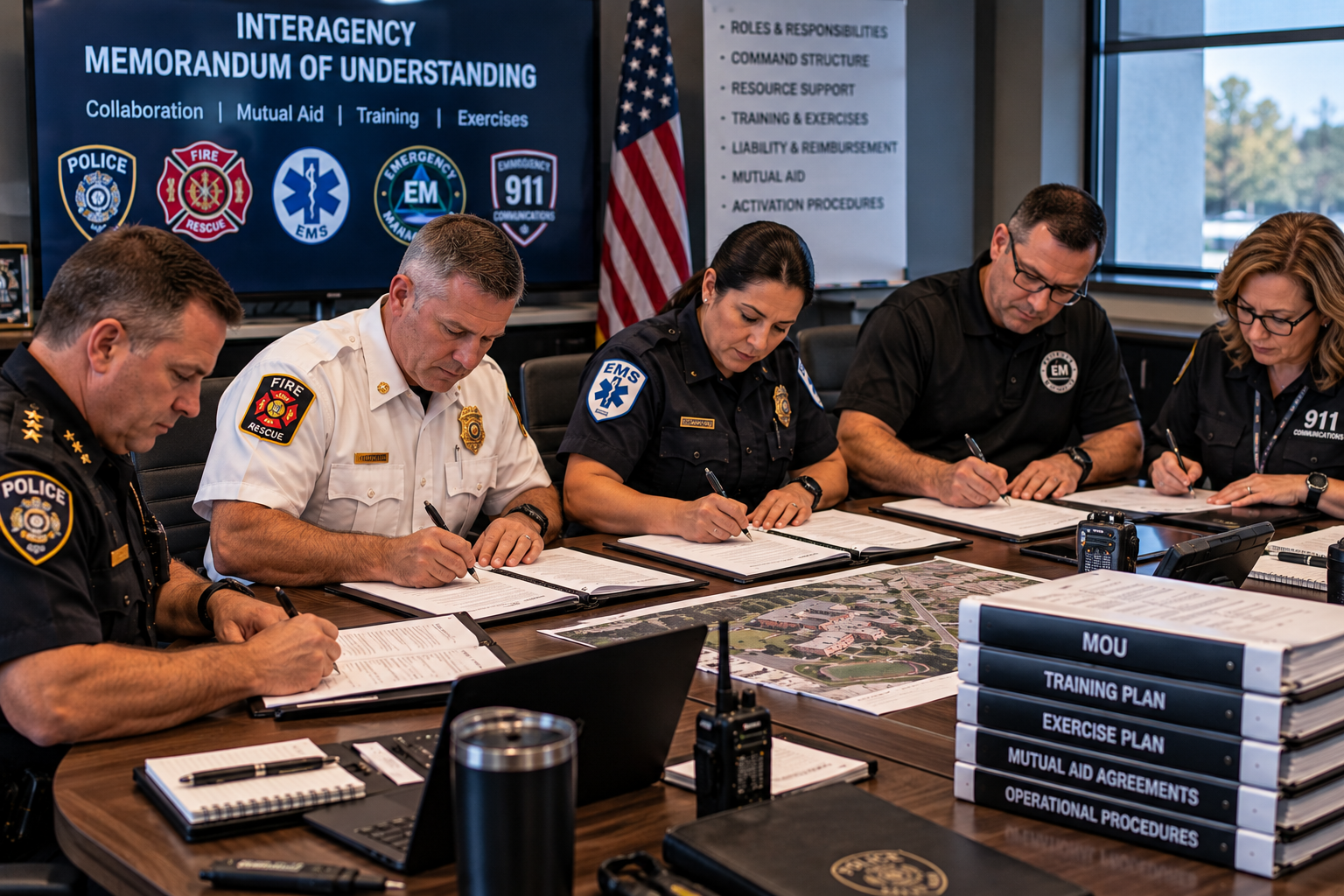 Public safety agency leaders reviewing and signing an interagency memorandum of understanding