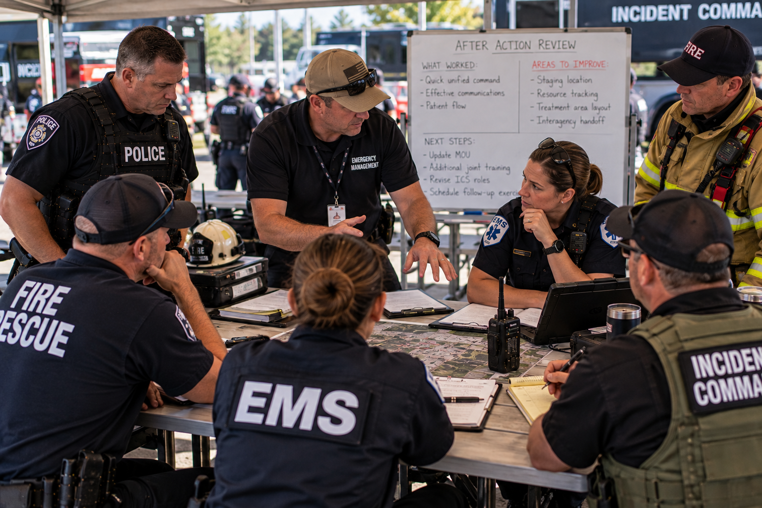 Multi-agency responders conducting an after-action debrief to identify coordination gaps after a joint exercise