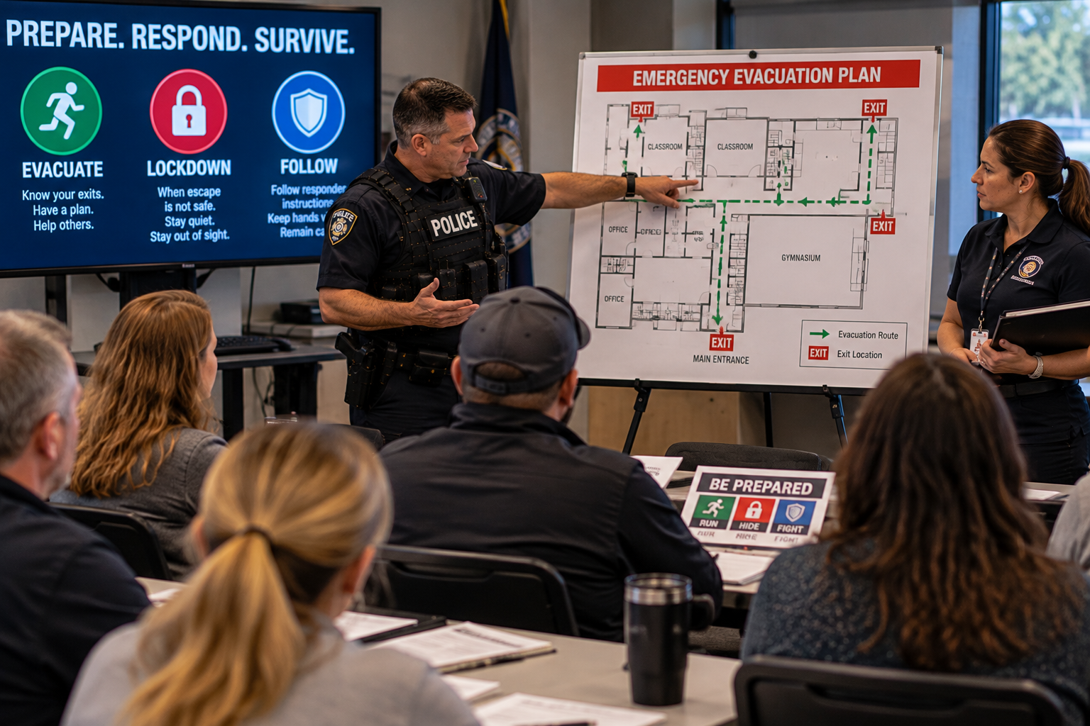 Community members practicing evacuation and emergency decision-making during a public preparedness workshop