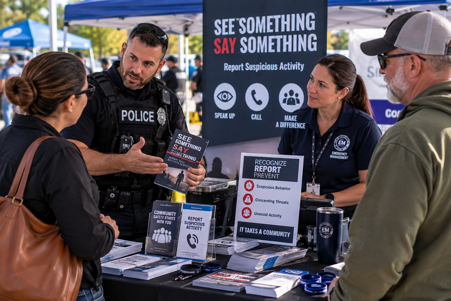 Public safety personnel teaching community members how to report concerning behavior responsibly