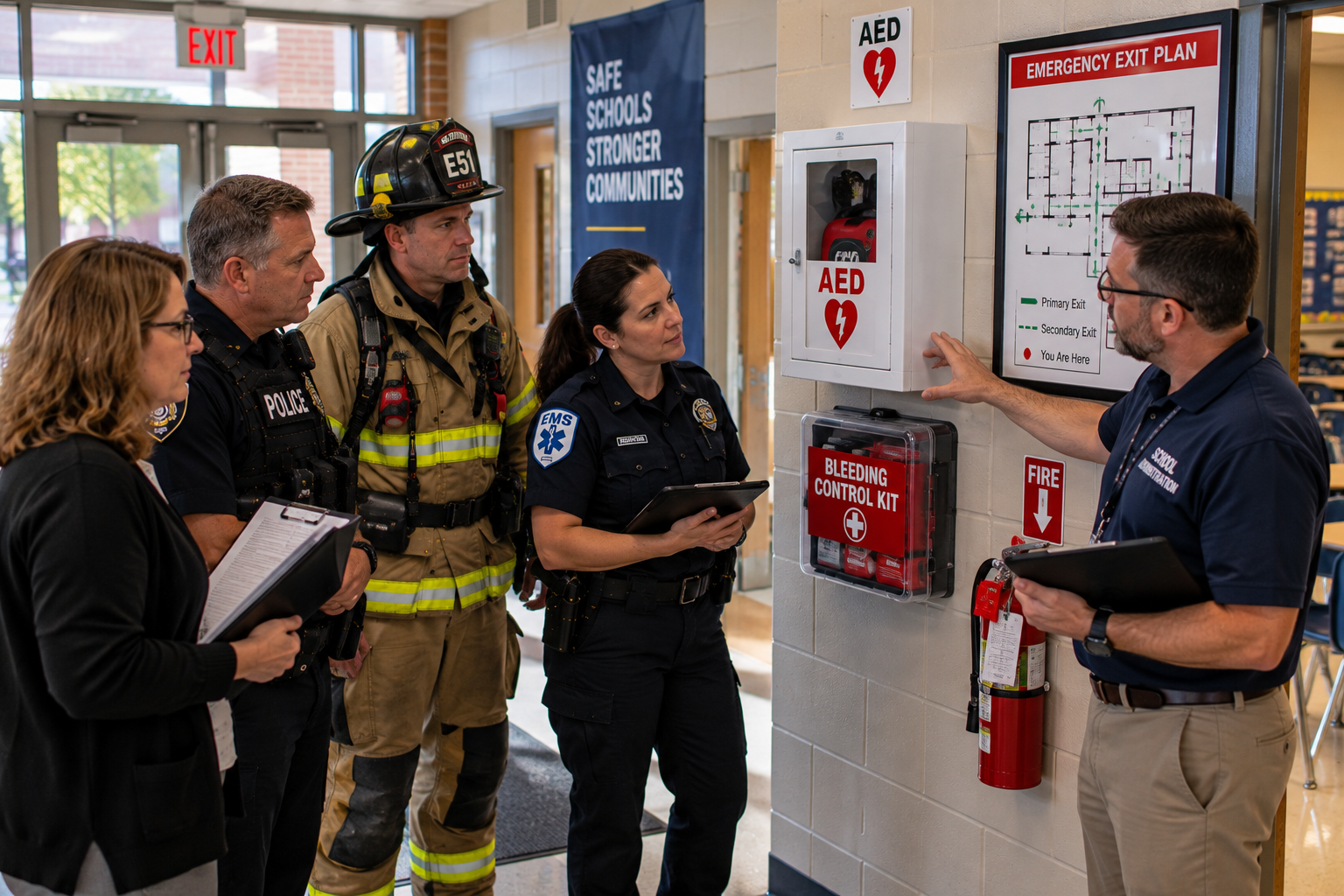 School, business, fire, and EMS representatives reviewing emergency equipment and evacuation readiness together