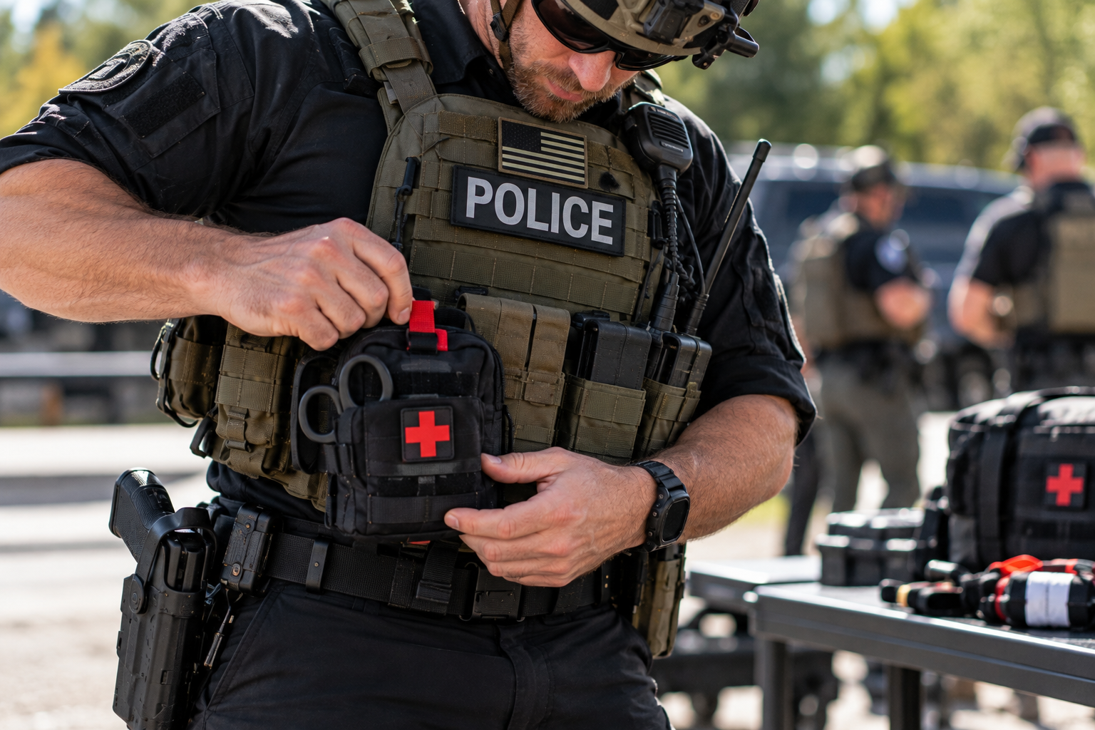 Responder checking a personal IFAK before training to ensure immediate access for self-aid and buddy-aid