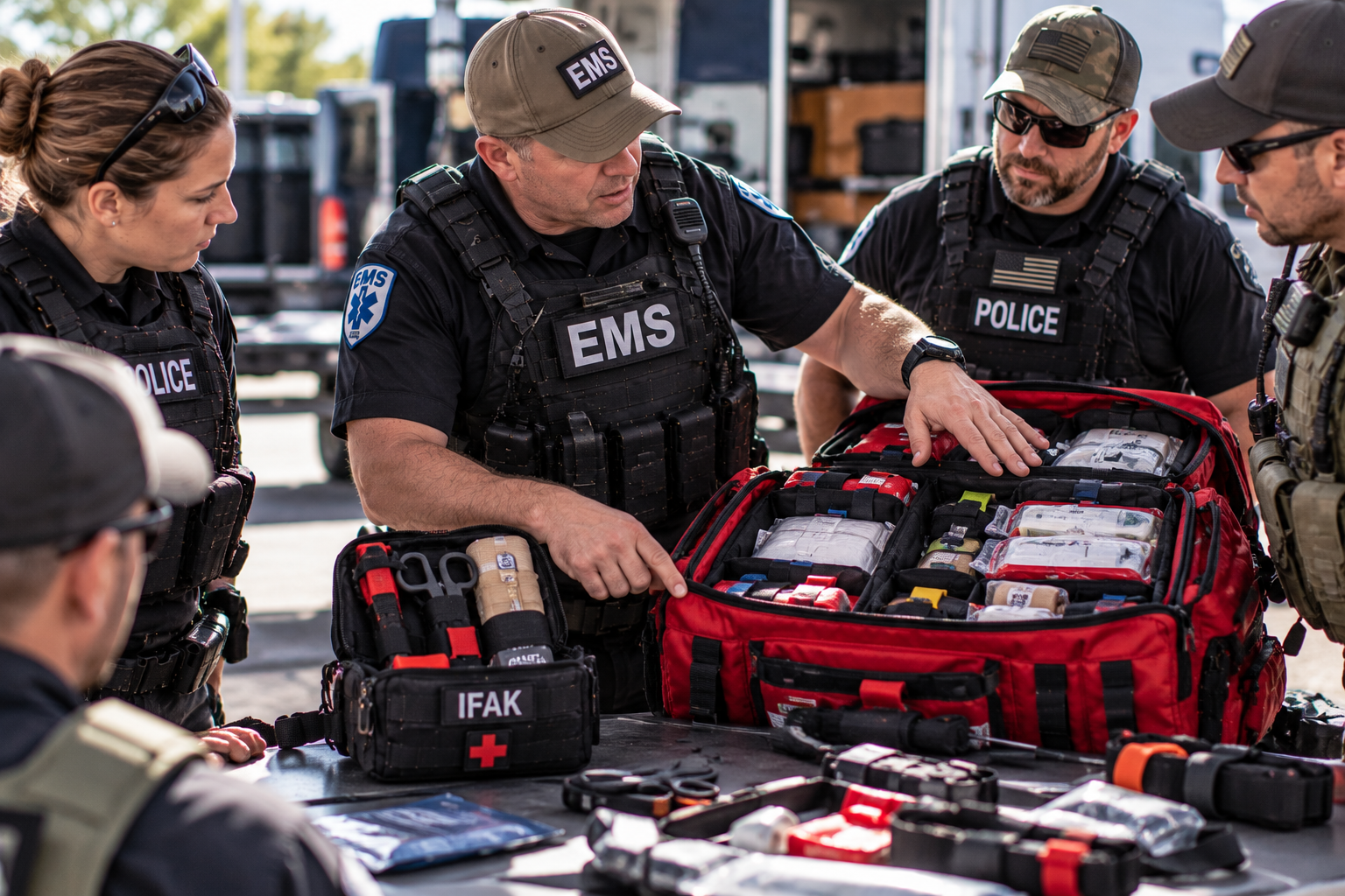 EMS instructor demonstrating the difference between a personal IFAK and a multi-casualty trauma bag