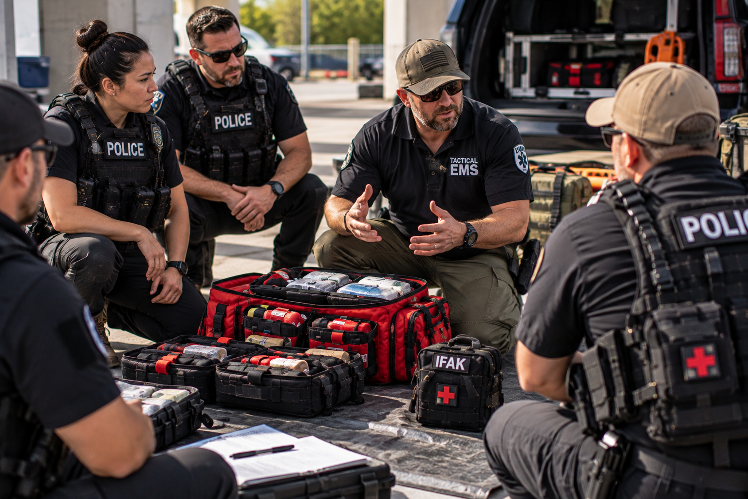 Responders reviewing proper IFAK and trauma bag roles during a tactical medical training exercise